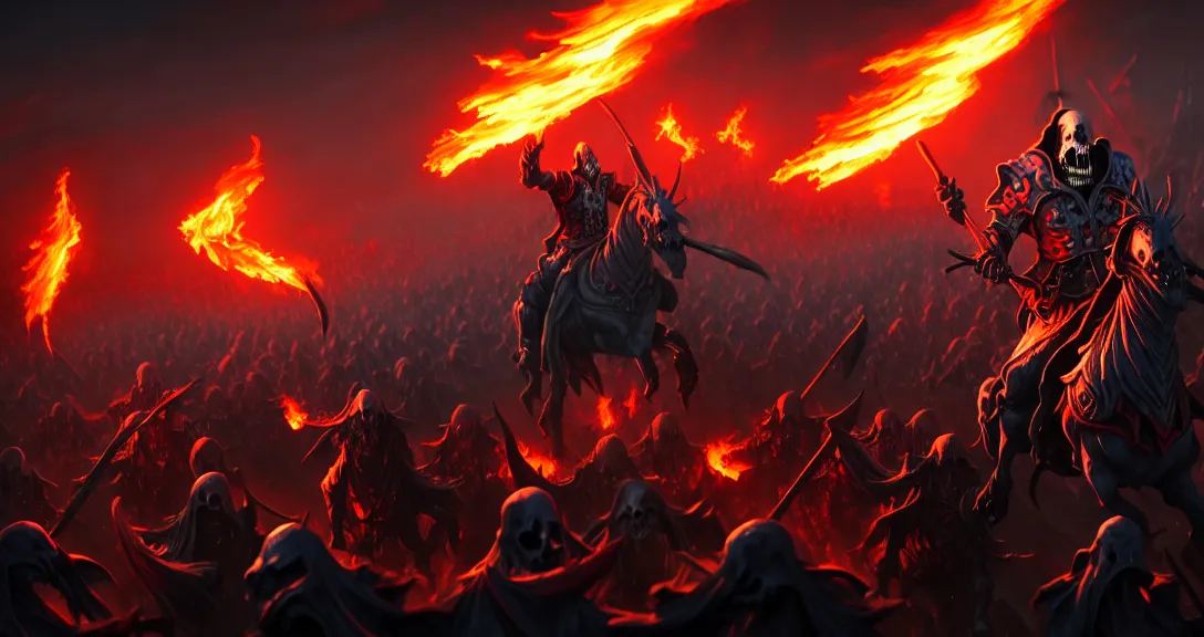 Image similar to ainz ooal gown leading his undead army to battle riding a flaming horse, undead soldiers in background, highly detailed, deep focus, elegant, artstation, digital painting, smooth, sharp focus, illustration, ultra realistic, 8 k, art by jama jurabaev