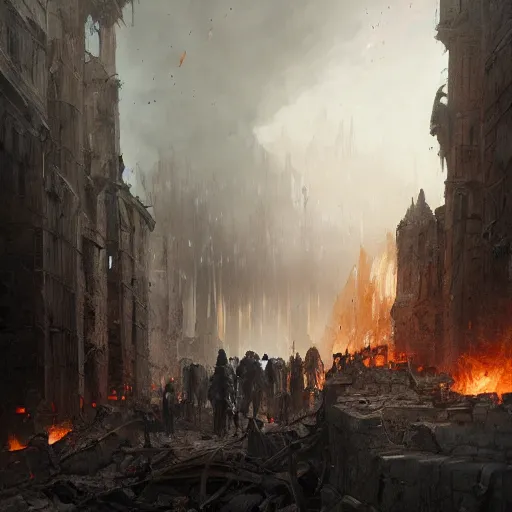 Prompt: a painting of a cinematic keyframe of walking into a destroyed medieval city, with fire, by greg rutkowski, rule of three, artgerm, artstation, highly detailed masterpiece, dark fantasy art, high detail