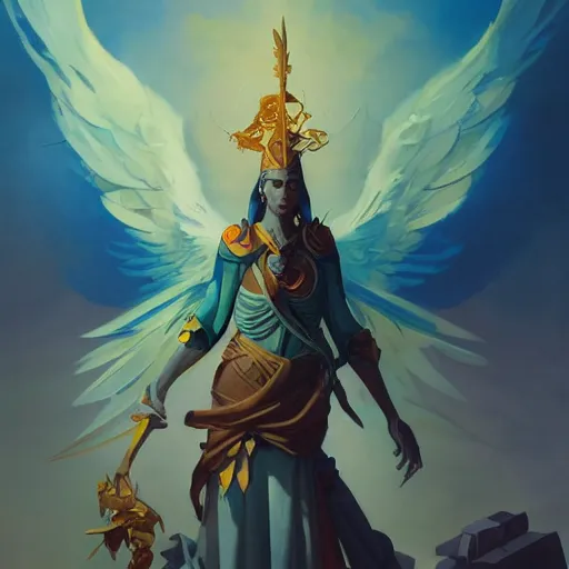 Image similar to peter mohrbacher painting of eistibus archangel, long shot, asymmetrical, profile picture, organic painting, sunny day, matte painting, bold shapes, hard edges, street art, trending on artstation, by huang guangjian and sachin teng