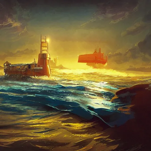 Image similar to submarine painted yellow lifted out of ocean by blue research vessel, golden hour, by tyler edlin, artstation