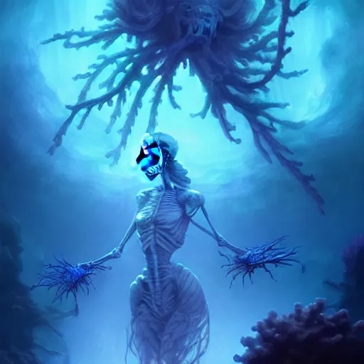 Prompt: skeletal ghost underwater, coral reef, concept art, beautiful blue lights, d & d, fantasy, highly detailed, masterpiece, volumetric lighting, digital painting, artstation, smooth, sharp focus, illustration, art by artgerm, by greg rutkowski