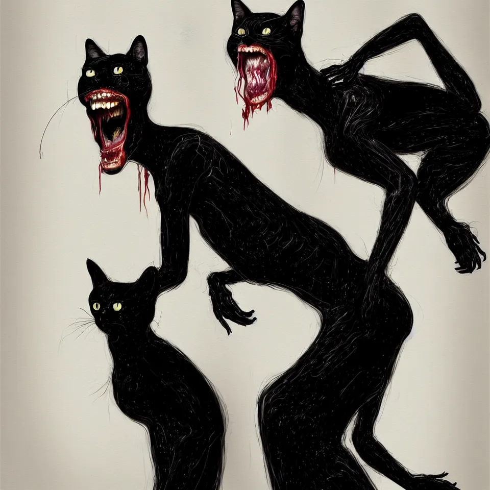 Image similar to bright realistic anorexic man turning into a black cat and smiling franticly, apartment, rotten flesh, diffuse lighting, fantasy, intricate, elegant, highly detailed, lifelike, photorealistic, digital painting, artstation, illustration, concept art, smooth, sharp focus, art by francis bacon and jenny saville