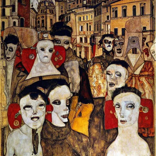 Prompt: carnival masks in narrow crowded streets of Rome, by Egon Schiele