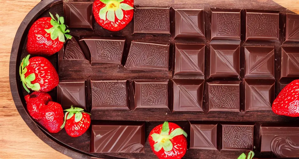 Prompt: An unwrapped gourmet dark chocolate bar, next to sliced strawberries, on a wooden tray, macro lens product photo