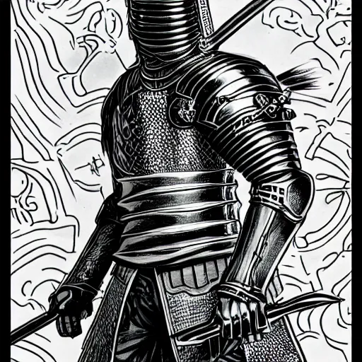 Prompt: line draw black pen high detail knight, art style by drew struzan, joseph christian leyendecker & ernie barnes