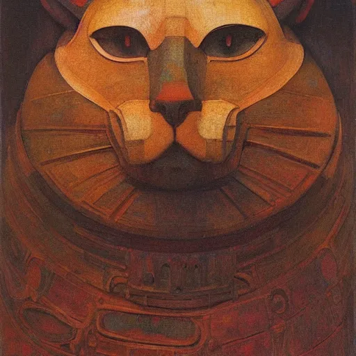 Image similar to masterpiece painting of an ancient polychrome sculpture of a mechanical cat head, by annie swynnerton and diego rivera and nicholas roerich and jean delville, symbolist, dramatic lighting, god rays, elaborate geometric ornament, art brut, rich colors, smooth sharp focus, extremely detailed, adolf wolfli