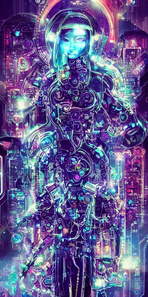 Image similar to humanoid beautiful princes machine with fulclor skin and blue eyes in a spiritual psychedelic world with super powerful and intelligent machines, cyberpunk art cosmic distopic