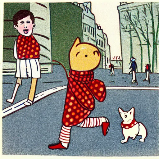 Image similar to book illustration of a french boy on the streets of paris playing football against a corgi, the dog is wearing a polka dot scarf, 1 9 6 6