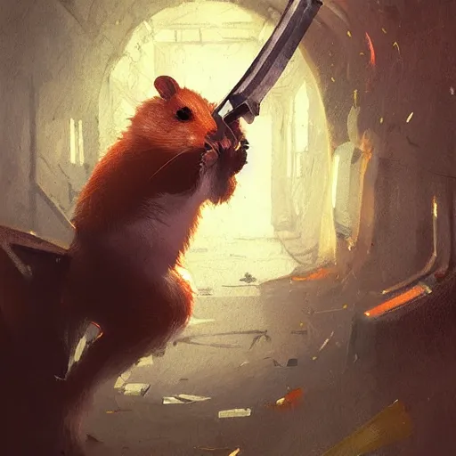 Image similar to a hamster holding a weapon by greg rutkowski