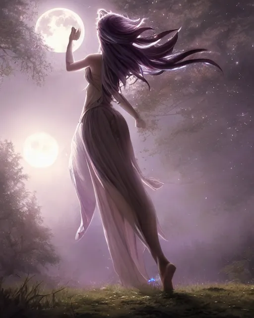 Image similar to attractive fairy goddness fly high in the night, d & d, fantasy, mist, full moon in background, trees, hyper detailed, art by artgerm and greg rutkowski and magali villeneuve, midium shot, 8 k realistic, cryengine, digital painting, trending on artstation, concept art, sharp focus, illustration,