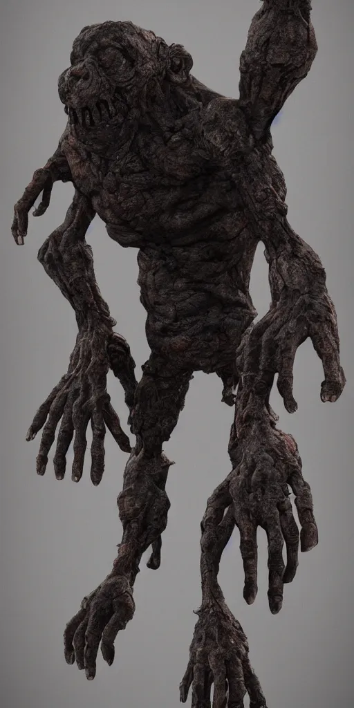 Image similar to Anthropomorphic hunchbacked creature with gray skin in full growth, large claws on the hands, covered with rust and soot, arms, legs and head, a small head without eyes and nose, only a black mouth, artstation, highly detailed, 8k, HD, octane render, post-apocalypse