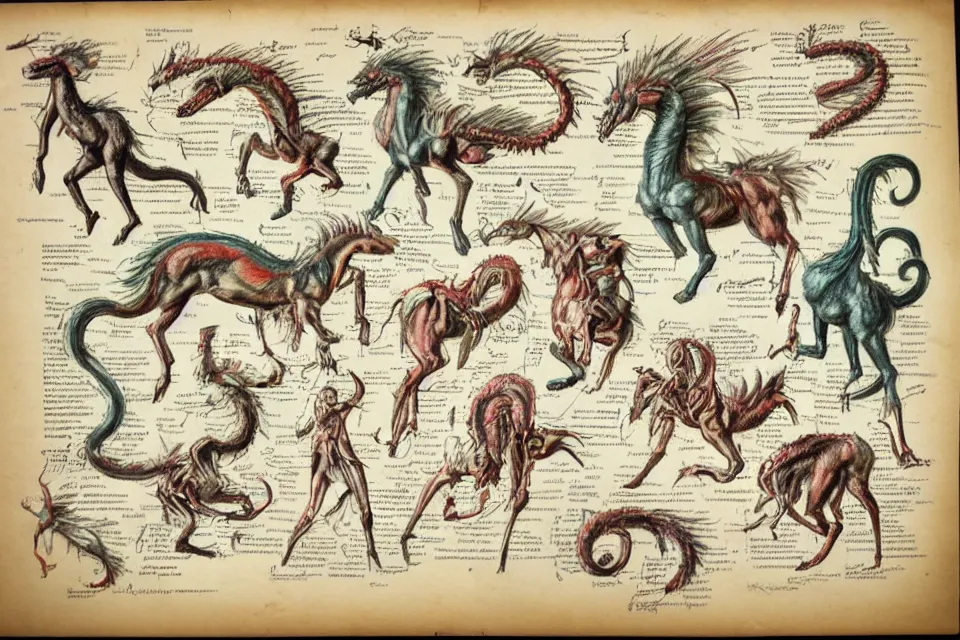 Prompt: Vintage, detailed, colored sketch of mythical creature anatomy, full body, with full descriptions, on parchment.