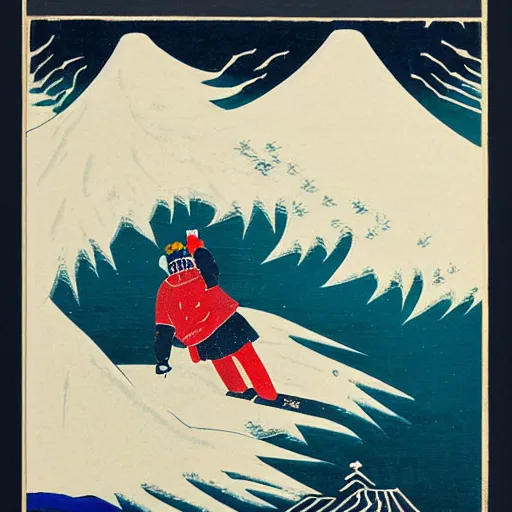 Image similar to man snowboarding with roostertail woodblock print, style of hokusai, fine art, style of kanagawa, winter painting