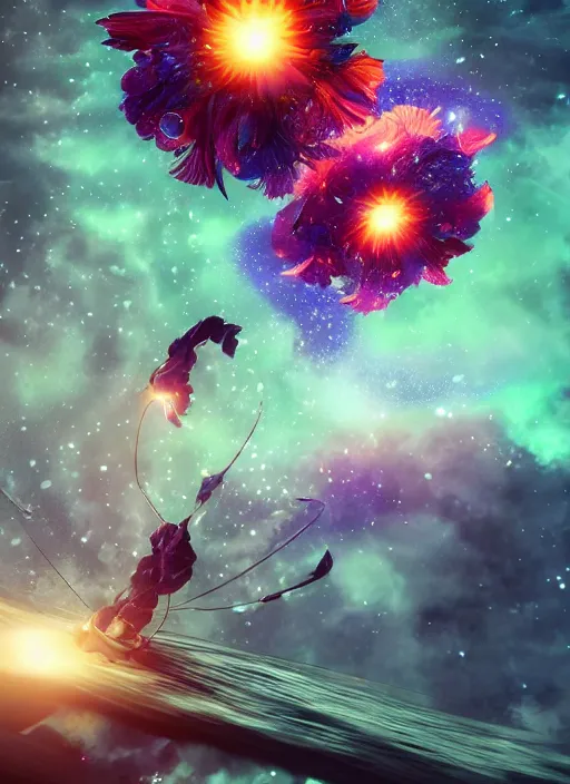 Image similar to An epic fantastic realism comic book style painting of the most beautiful spinning flowers floating into the dark and starry cosmos, exquisite bouquets, fisheye, a star implodes, unreal 5, DAZ, hyperrealistic, octane render, dynamic lighting