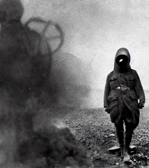 Prompt: a man wearing primitive hooded gas mask at distance, ww1 film photo, grainy, high detail, high resolution