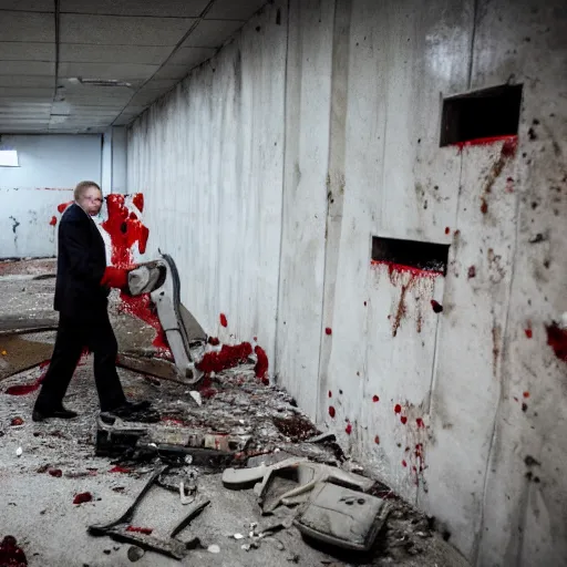 Image similar to putin with a chainsaw and a corpse. in a concrete bunker. focus on putins face with blood splatters. canon eos r 3, f / 1. 4, iso 1 6 0 0, 1 / 8 0 s, 8 k, raw, grainy