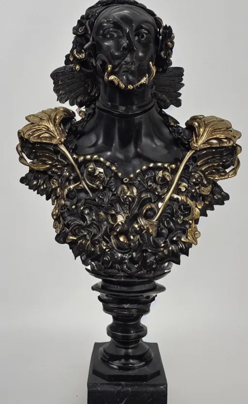 Image similar to carved black marble mechanical bust wearing hard surface armour, subtle gold accents, frontal view, ivory rococo, wings lace wear, hyper detailed, insane details, intricate