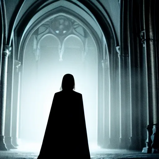 Image similar to intense medium shot of mary elizabeth winstead as a vampire in a gothic cathedral at night, gloomy, cinematic, ground mist, volumetric light.