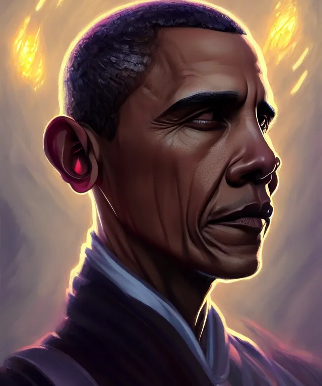 Image similar to Obama as a fantasy magic man portrait, sci-fi, amber eyes, face, fantasy, intricate, elegant, highly detailed, digital painting, artstation, concept art, smooth, sharp focus, illustration, art by artgerm and greg rutkowski and alphonse mucha