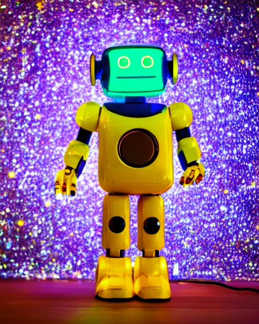 Prompt: high quality presentation night photo of an illuminated glowing retro toy robot, photography 4k, f1.8 anamorphic, bokeh, 4k, Canon, Nikon