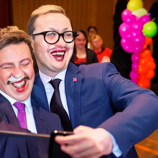 Image similar to a president with clown face taking a selfie in a podium next to first minister