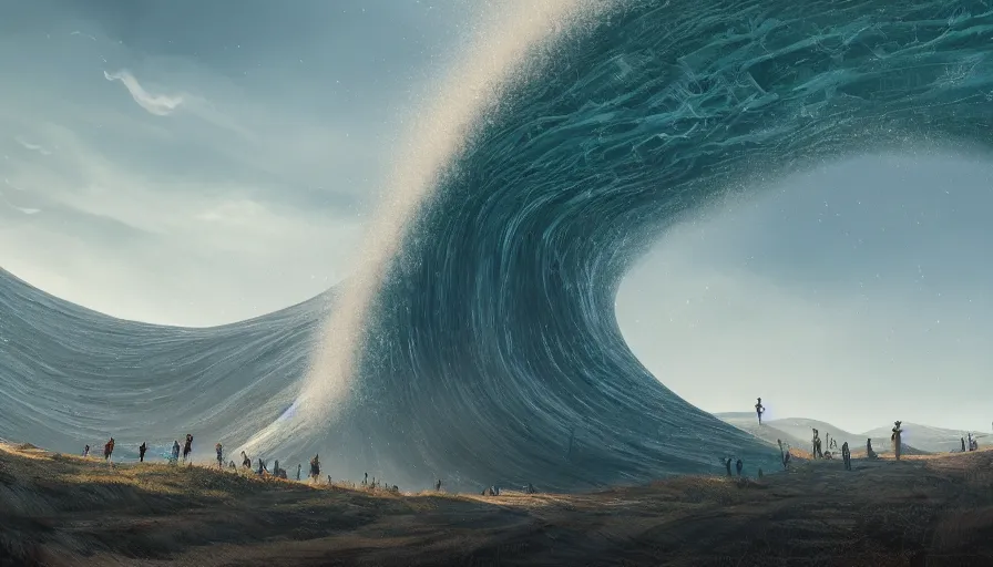 Image similar to people fleeing the hill a giant wave, wide view, hyperdetailed, artstation, cgsociety, 8 k