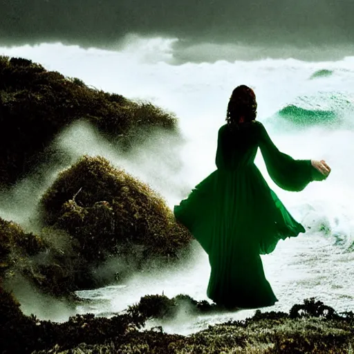 Prompt: dark and moody 1 9 7 0's artistic spaghetti western film in color, a woman in a giant billowy wide long flowing waving red dress, standing inside a green mossy irish rocky scenic landscape, crashing waves and sea foam, volumetric lighting, backlit, moody, atmospheric, fog, extremely windy