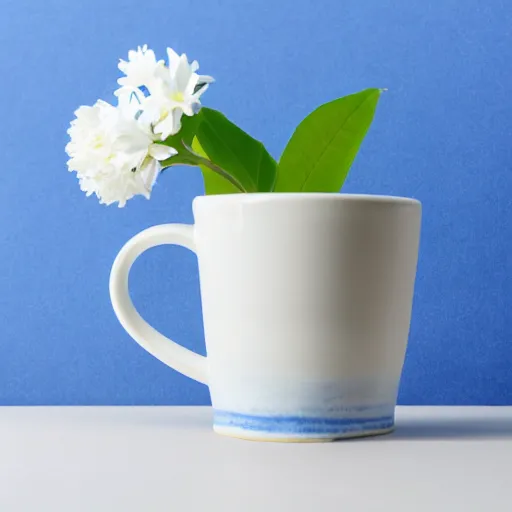 Prompt: clay mug on a white table surrounded by elegant blue and white flowers and green leaves, bright white realistic, up close shot, white background, zen, light, modern minimalist, clean f 2 0