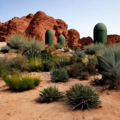 Image similar to biophilia architecture in the desert, plants, oasis