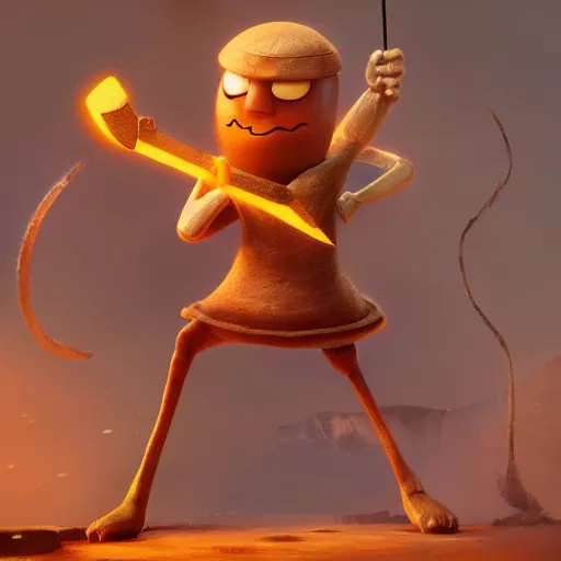 Prompt: battle toast, a slice of toasted bread with a face, arms and legs, holding a sword, cute, pixar, volumetric lighting, dynamic composition, fantasy, hyper detailed, ultra realistic, sharp focus, octane render, concept art by ruan jia and heng z and artem