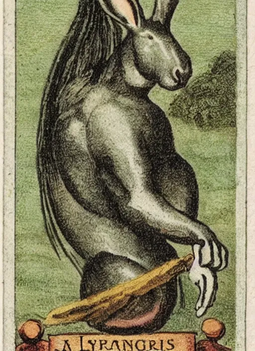 Prompt: a trading card from the 1 6 0 0 s with a horse born with the head of a rabbit and the body of a rabbit