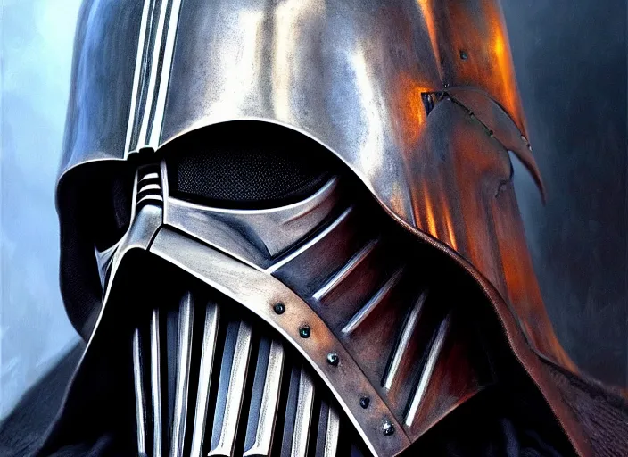 Image similar to portrait shot of silver iron darth vader in medieval knights!!! armor, intricate armor, elegant armor, highly detailed, centered, digital painting, artstation, concept art, smooth, sharp focus, illustration, artgerm, tomasz alen kopera, peter mohrbacher, donato giancola, joseph christian leyendecker, wlop, boris vallejo