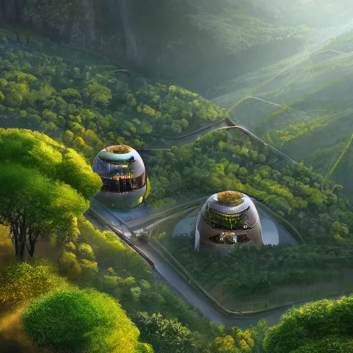 Image similar to vertical farm towers and sci - fi round buildings in a steep sided valley with trees, a sense of hope and optimism, hyper realistic, high res, 4 k, warm light, edouard groult, bynde, kirill leonov, isaac zuren