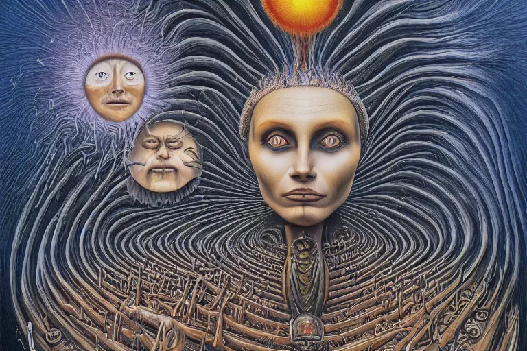 Image similar to THE QUEEN OF THE SUN by jacek yerka, alex gray, zdzisław beksiński, dariusz zawadzki, jeffrey smith and h.r. giger, oil on canvas, 8k highly professionally detailed, trending on artstation