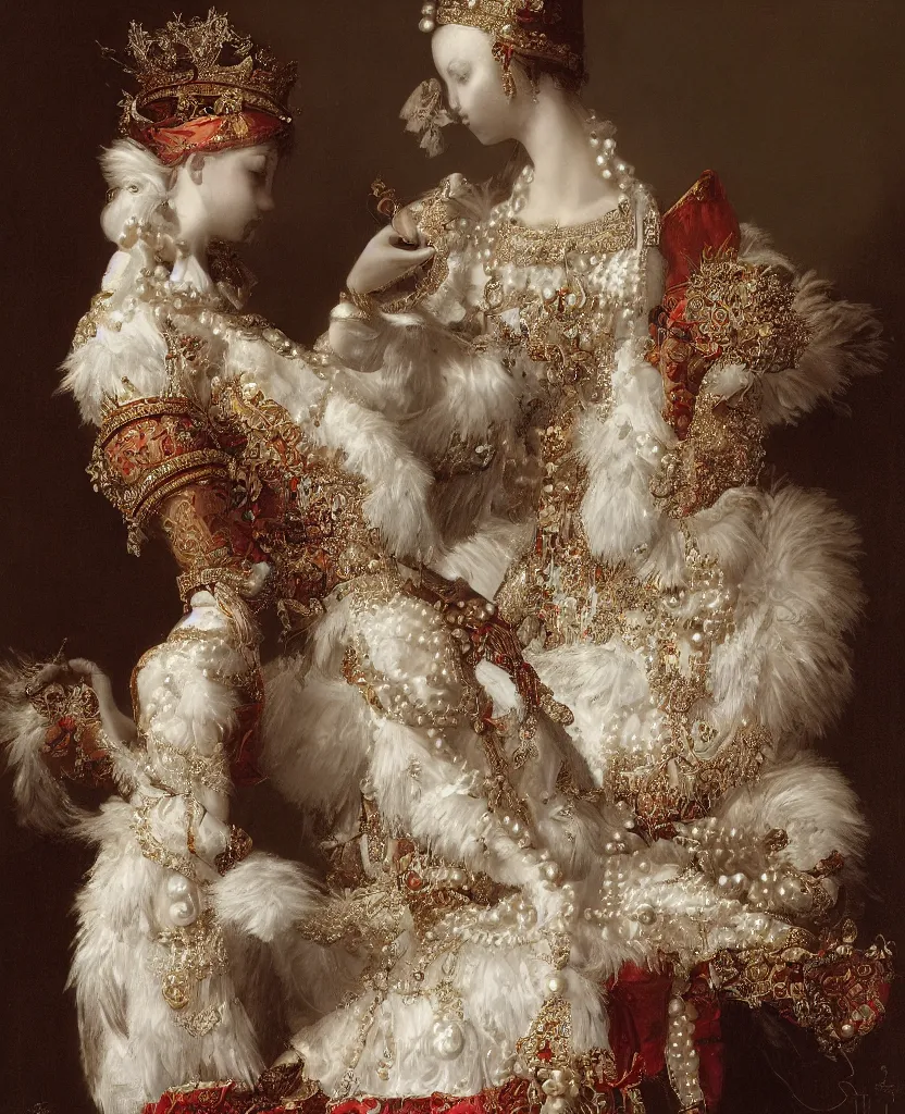 Prompt: a one single queen _ with _ a _ decorated _ dress _ made _ of _ white _ pearls _ and _ white _ plumes _ of _ swan _ highly _ detailed _ digital _ painting