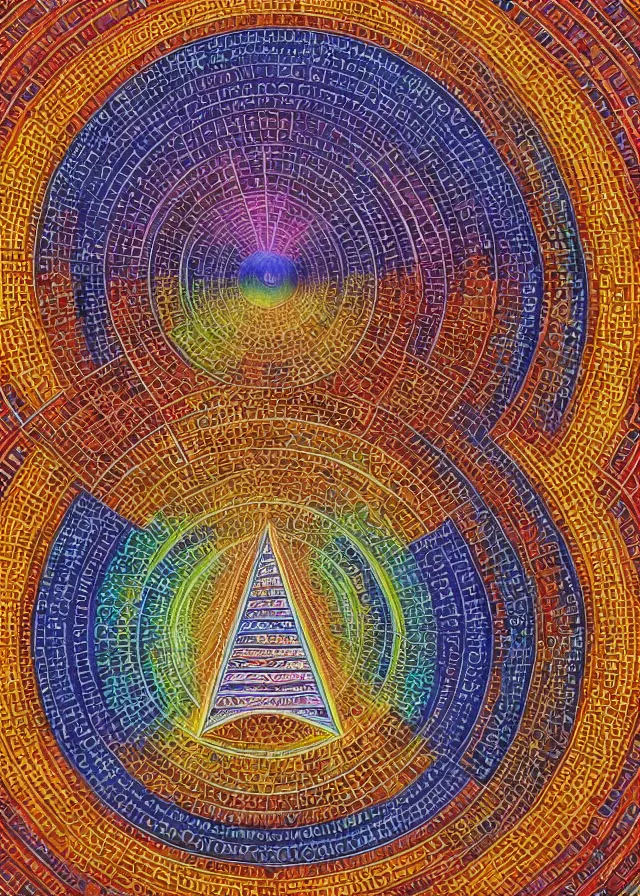 Image similar to pyramid with an eye in the middle, painting by alex grey