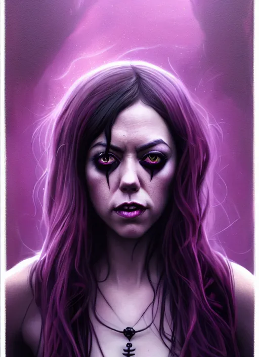 Prompt: stunning beautiful Aubrey Plaza dark witch, purple eyes, evil smile, black magic, realistic character concept, full body, sinister pose, scary magical background, illustration, slender symmetrical face, symmetrical eyes, realistic body, cinematic lighting, hyperdetailed, high resolution, Charlie Bowater, Tom Bagshaw, insanely detailed and intricate