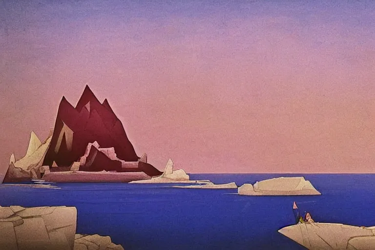 Image similar to an oriental palace made of immaculate white stones planted at the edge of a waterless ocean under a twilight light, blue sky without clouds, people angling at the edge, crystalline rock, pastel shades, style of nicholas roerich, mountains made of sharp crystal that emit light