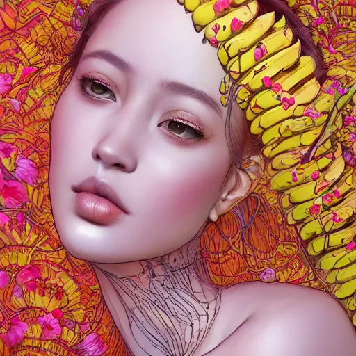 Image similar to the portrait of the most beautiful, graceful, and elegant young woman made of bananas and petals, an ultrafine detailed illustration by kim jung gi, rossdraws, irakli nadar, intricate linework, bright colors, final fantasy, behance contest winner, angular, unreal engine 5 highly rendered, global illumination, radiant light, detailed and intricate environment