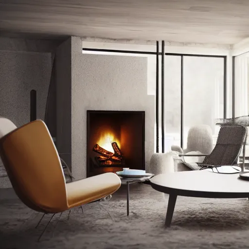 Image similar to two armchairs sitting in front of a cosy fireplace, modern home design interior, octane render, hyperrealistic, concrete archetecture, vray, volumetric lighting, cinema 4 d, unreal engine