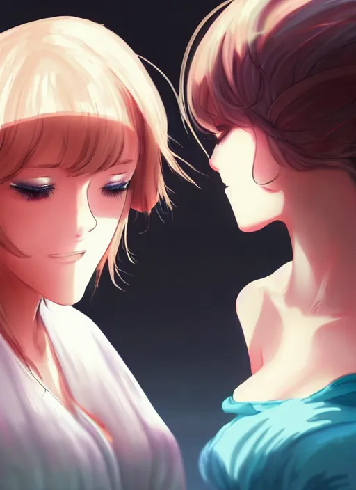 Image similar to two beautiful mothers out on a humid summer day, gorgeous faces, thick lines, cinematic lighting, detailed anime art