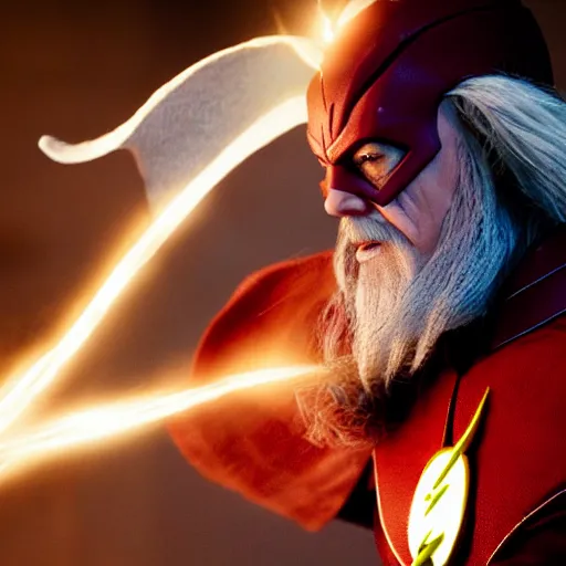 Image similar to Gandalf as DC Comics The Flash, dslr photo