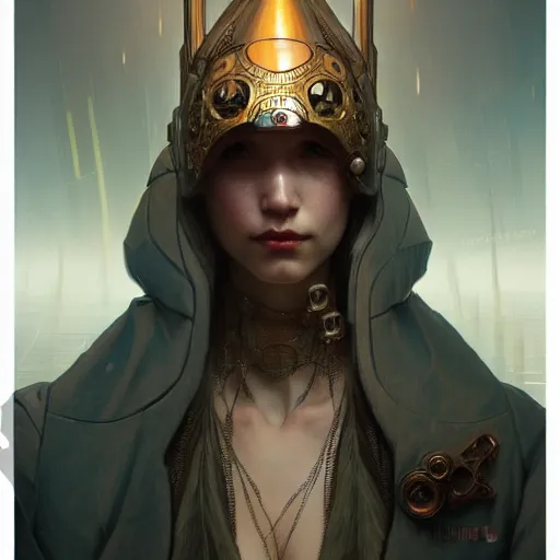 Image similar to cyberpunk conehead, fantasy, d & d, intricate, detailed, by by alphonse mucha, adolfo hohenstein, alice russell glenny, stanley artgerm lau, greg rutkowski, detailed, trending on artstation, trending on artstation, smooth