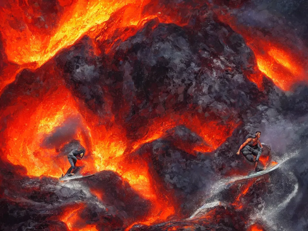 Image similar to arnold schwarzenegger surfing on lava from an erupting volcano by boris vallejo, stunning scene, 8 k, digital painting, hyperrealism, bright colors, trending on artstation