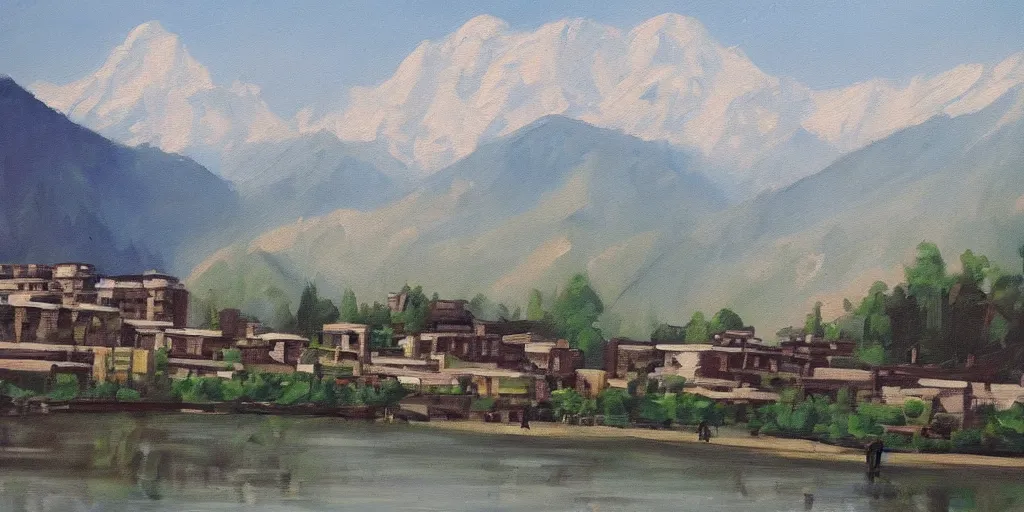 Prompt: oil painting portrait of srinagar in Kashmir valley in the style of Fredrick Remington