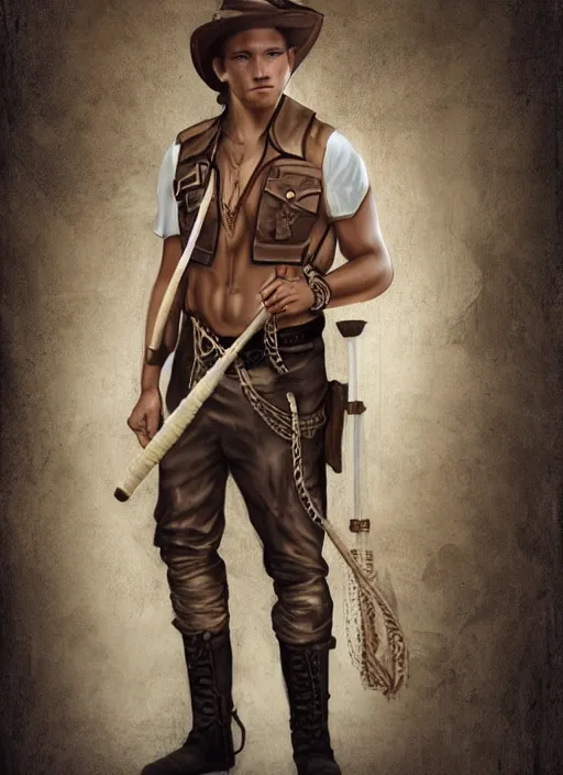 Prompt: a male ranger, dnd, wearing a leather vest and white linen pants, chiseled good looks, long swept back blond hair, puka shell necklace, with a bongo drum and nunchucks, digital art