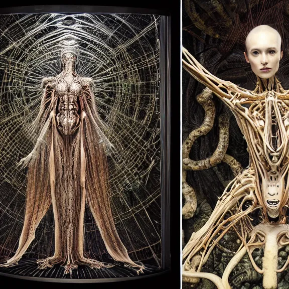 Image similar to symmetric frame from Prometheus, biomechanical gaia, by Neri Oxman and alexander mcqueen metal couture editorial, in mycelium macro mushroom hanging garden by giger by utagawa kuniyoshi by Yuko Shimizu