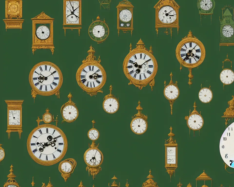 Image similar to an achingly beautiful print of hundreds of ornate clocks on a dark green wall by Raphael, Hopper, and Rene Magritte. detailed, romantic, enchanting, trending on artstation.