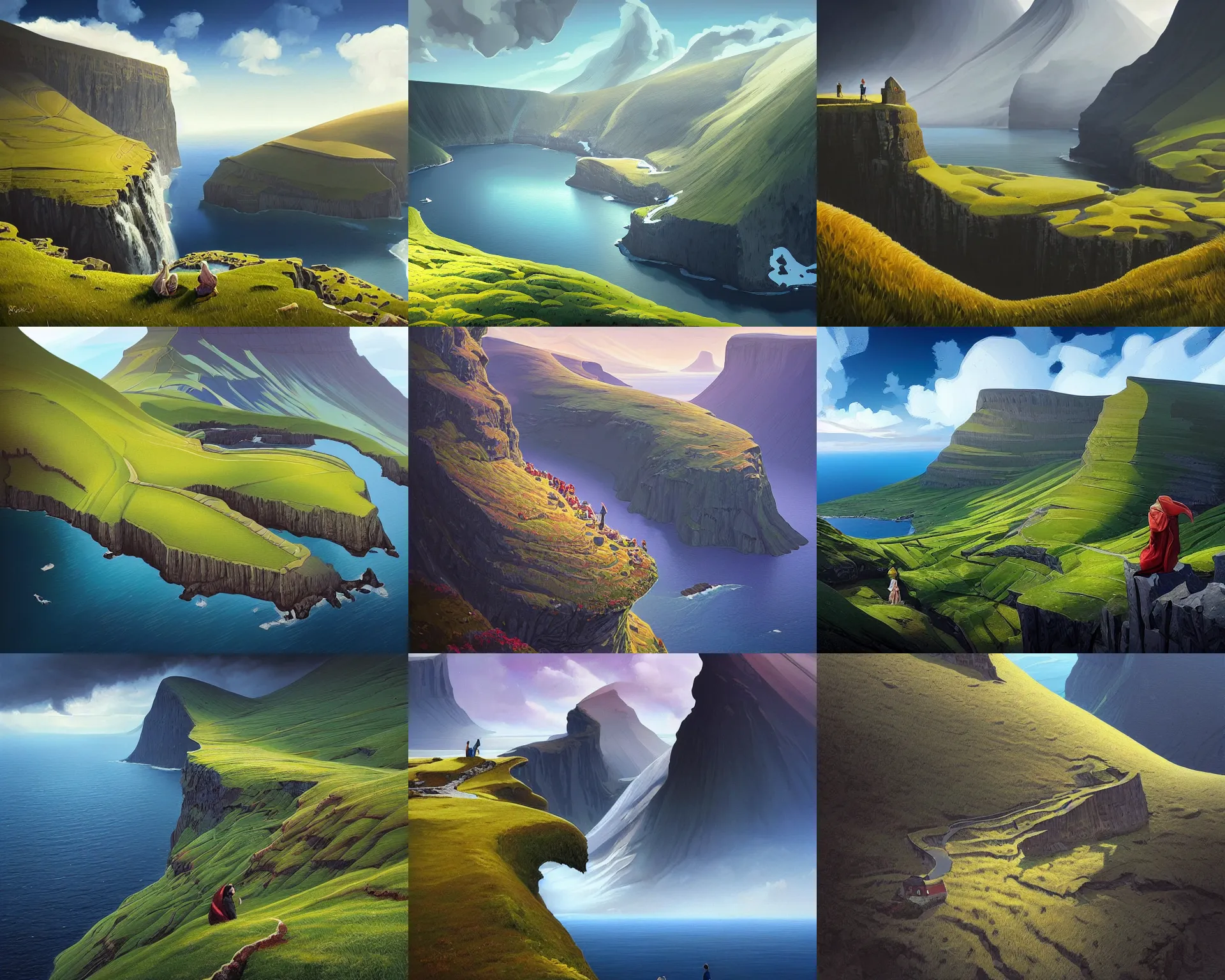 Prompt: mountain landscape without people, faroe, azores, norway, extreme view angle, deep focus, turnaround, fantasy, intricate, elegant, highly detailed, digital painting, artstation, concept art, matte, sharp focus, illustration, hearthstone, art by rhads and artgerm and greg rutkowski