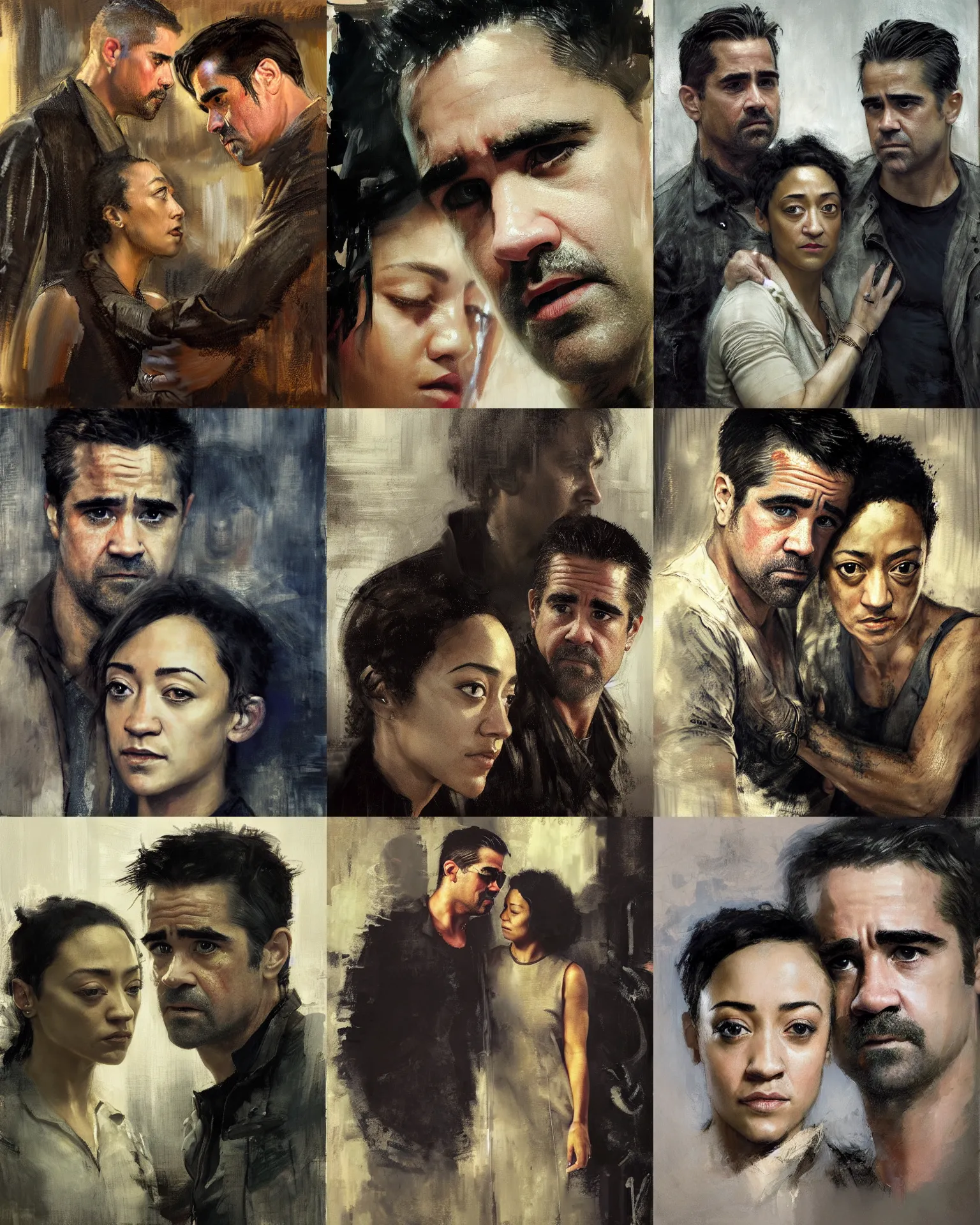 Image similar to family, colin farrell and ruth negga, detailed face, highly detailed, by jeremy mann